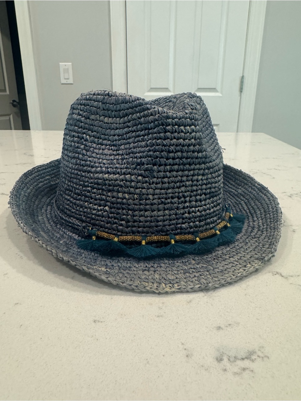 Flora Bella Navy Raffia Fedora - Beaded Tassel Trim. Festival and Sun Hat
